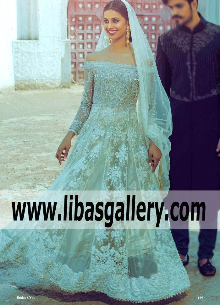 Wonderful Electric Cyan Bridal Anarkali